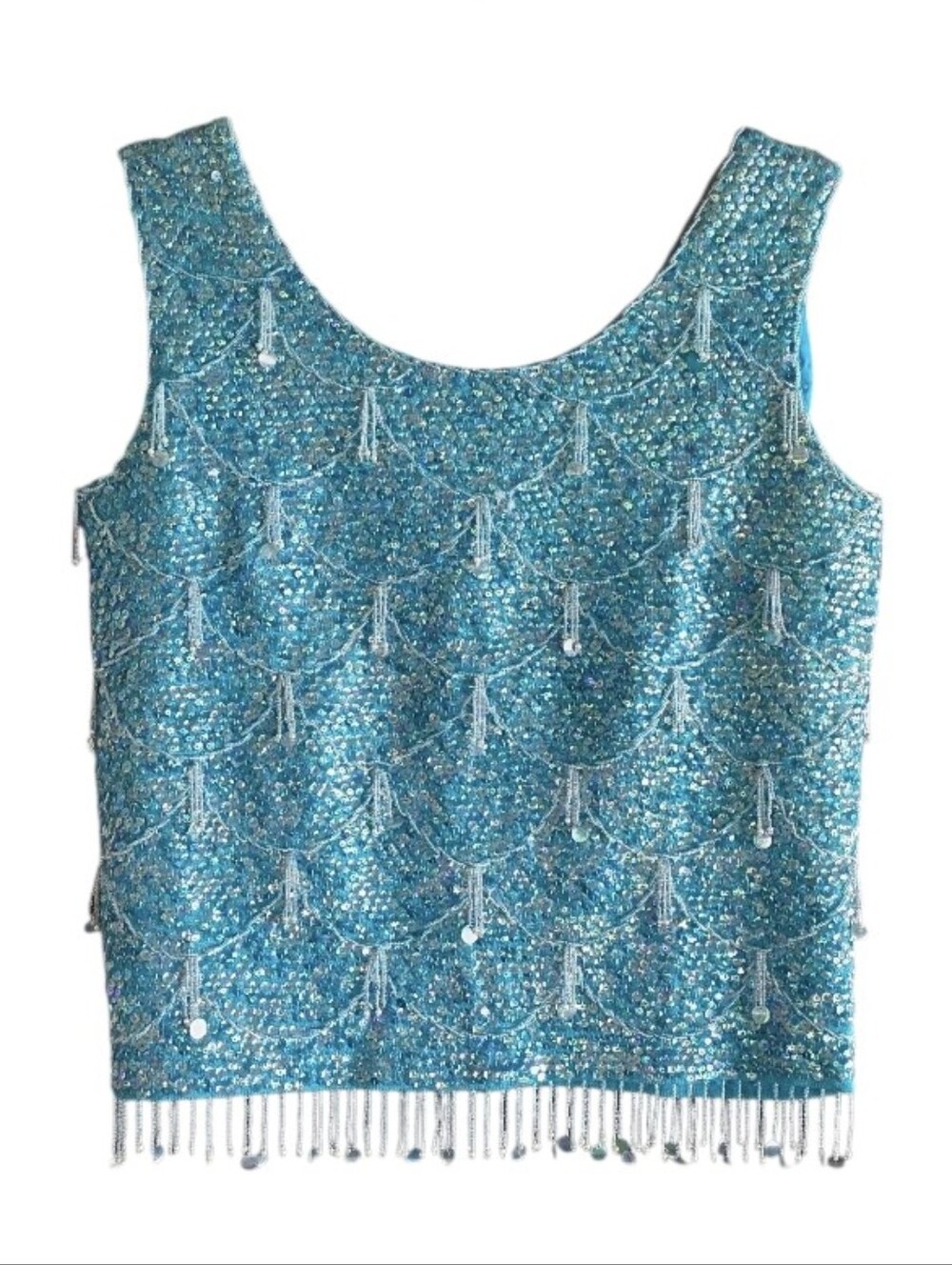 Vintage 70s Fairy Mermaid Turquoise Beaded Tassel Tank Top Size 36 Small? - Picture 1 of 16